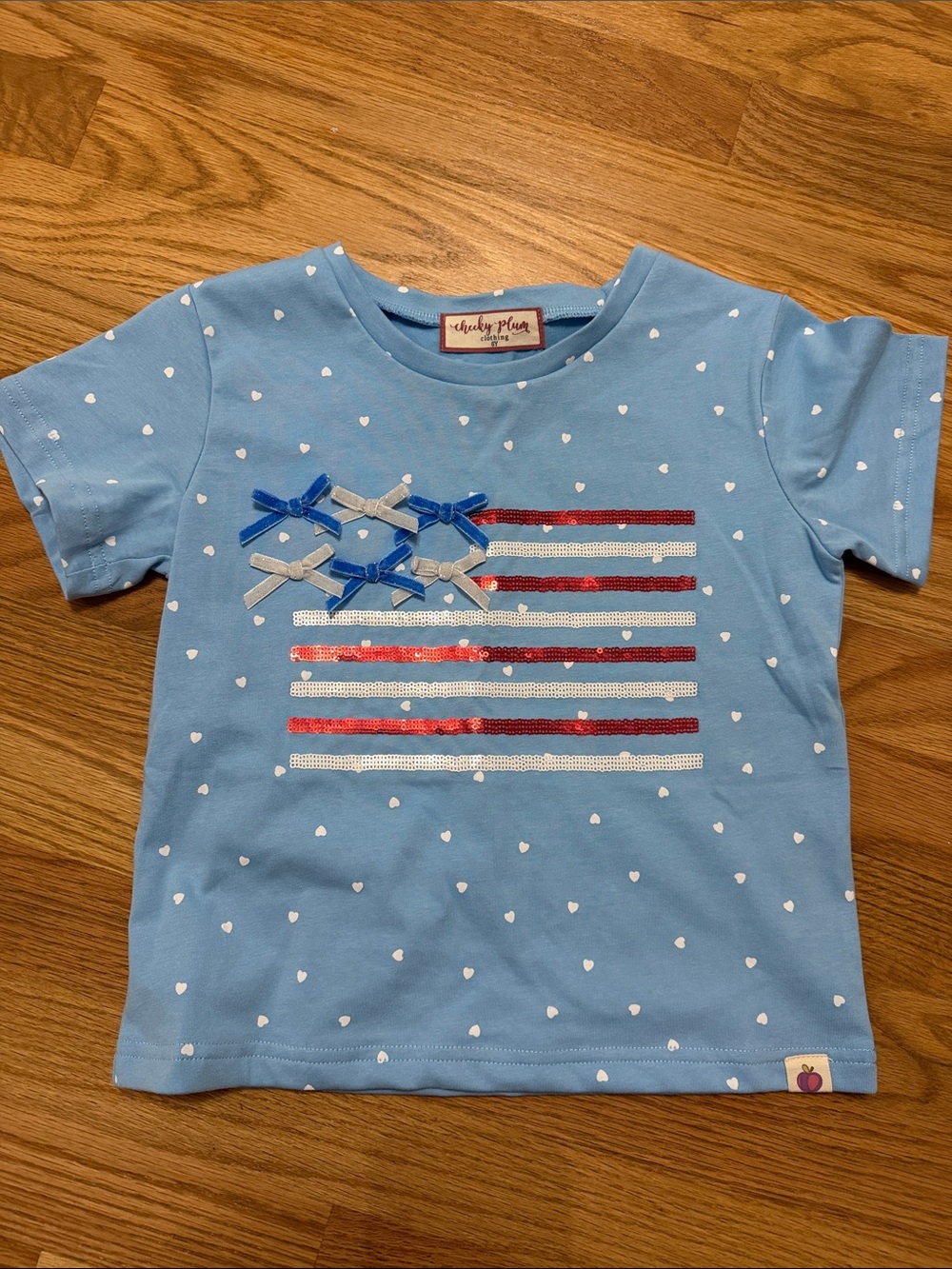 cheeky plum Light Blue Heart Tee with Sequin Flag Bows